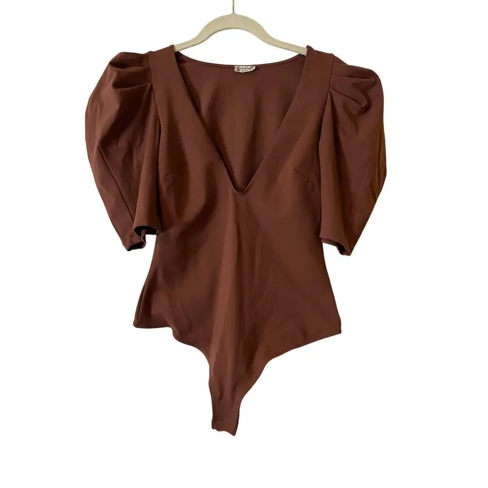 Free People Va Va Voop Bodysuit in Java Brown Short Puff Sleeve Deep V Neck Sz S